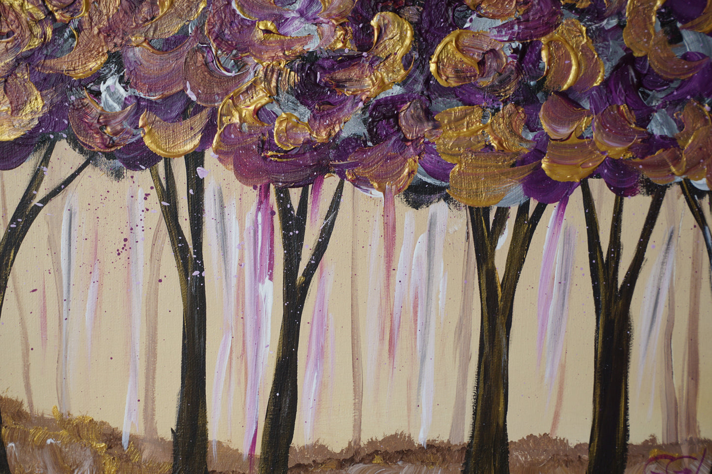 abstract wall art gold and purple tree painting details