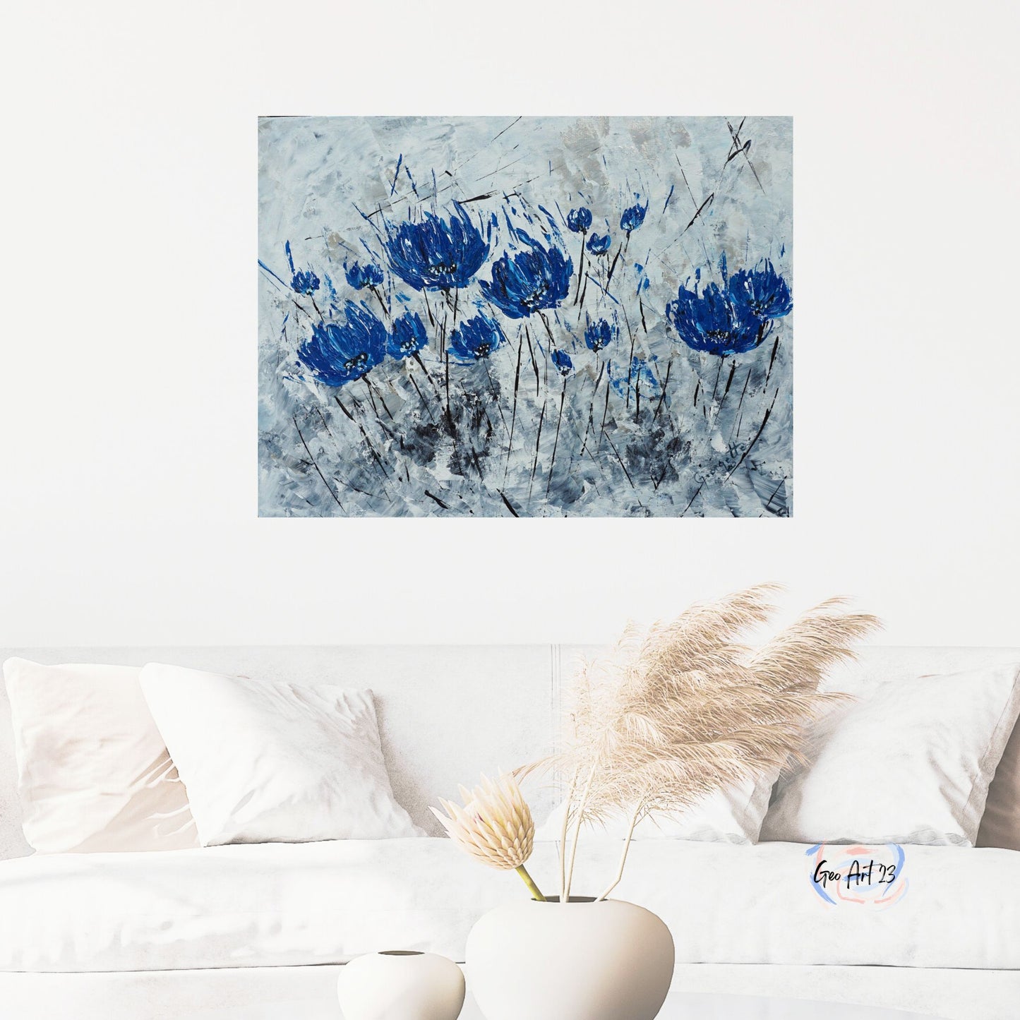 wall art blue an silver flowers abstract artwork textured Livingroom decor