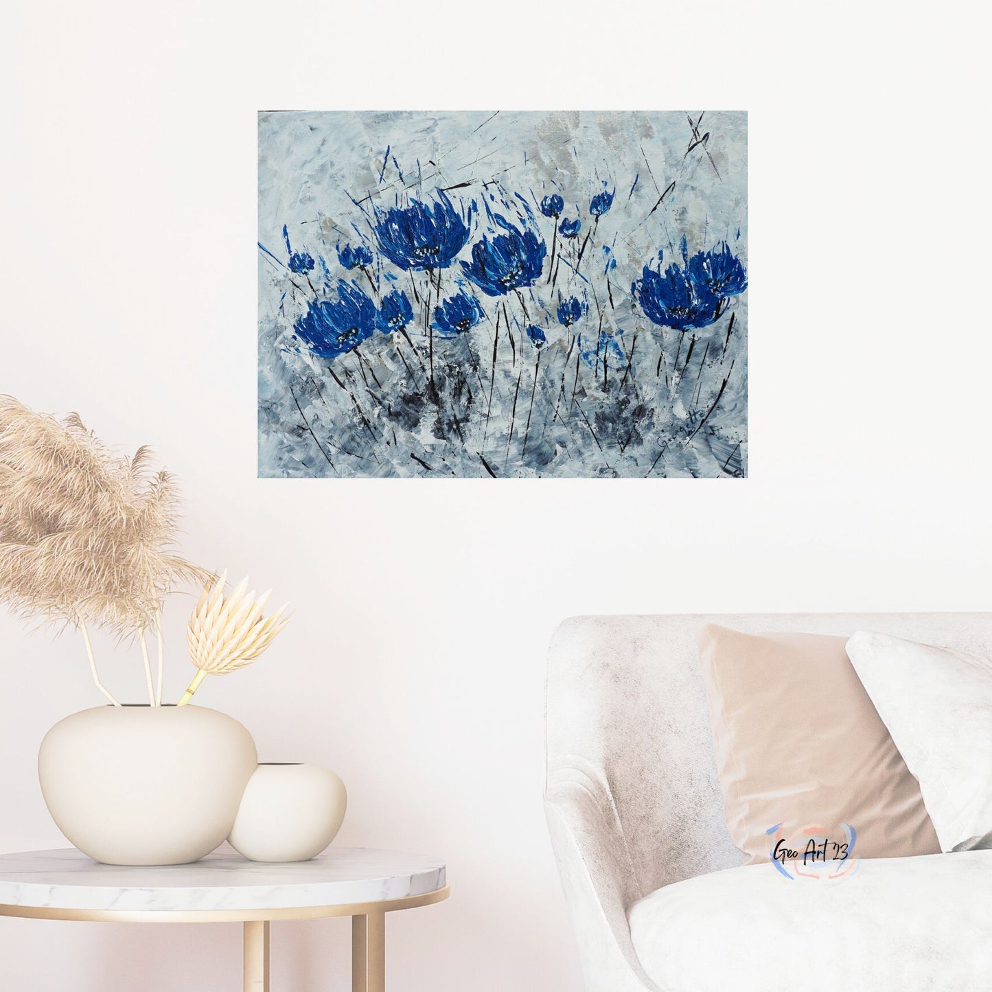 wall art blue an silver flowers abstract artwork textured bedroom decor