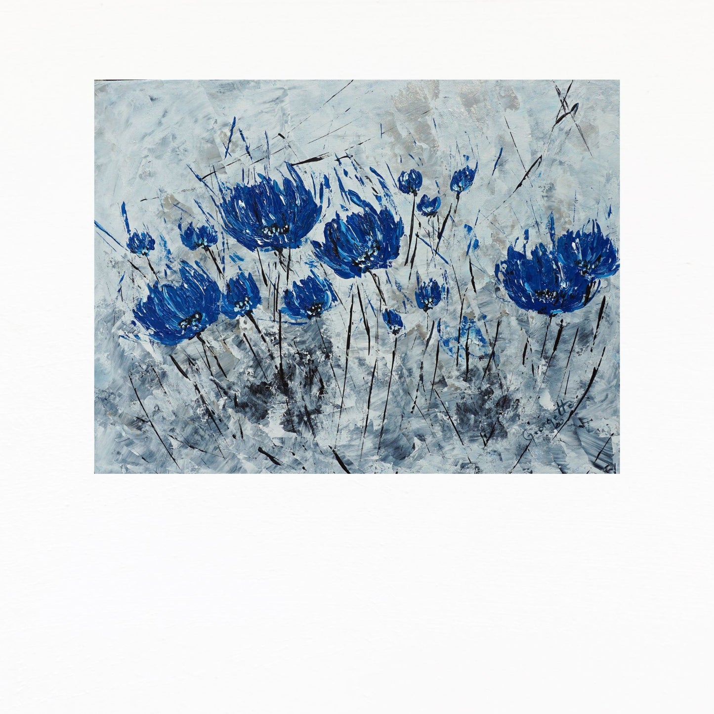 wall art blue an silver flowers abstract artwork textured house decor