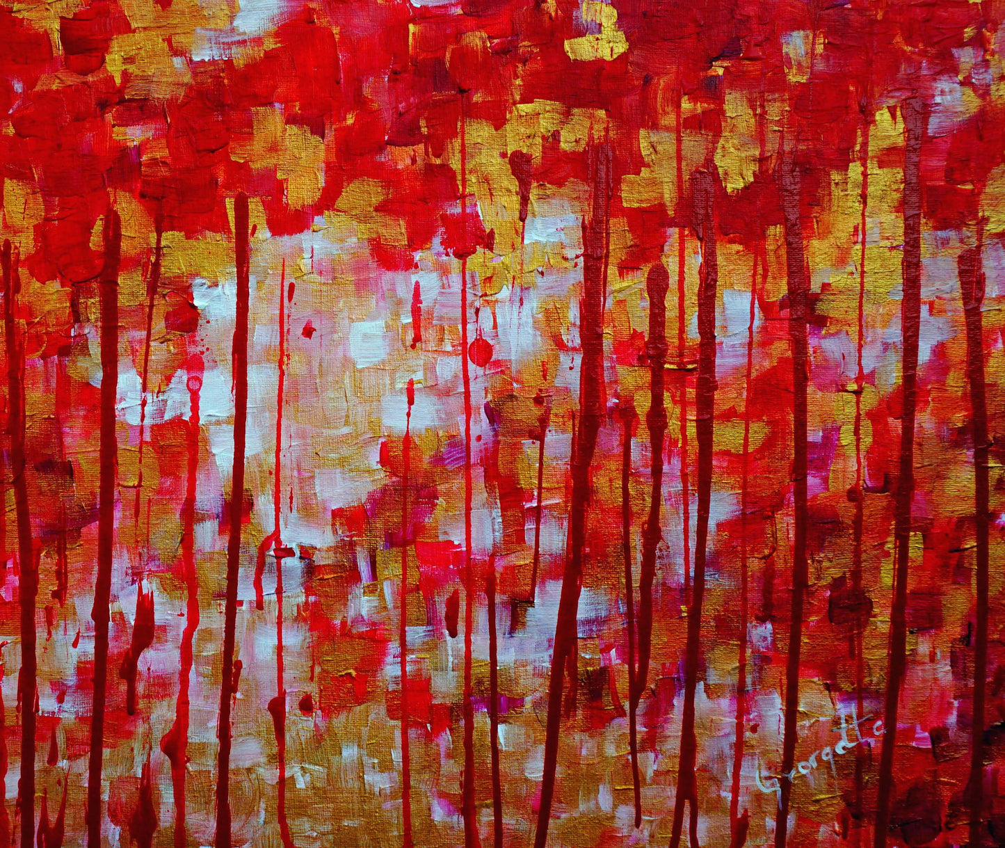 wall art abstract red and golden painting details