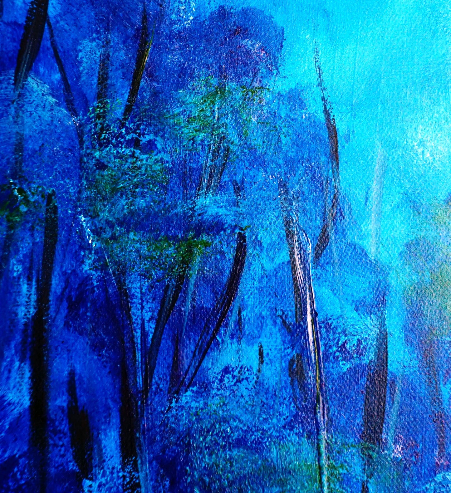 Wall art abstract blue trees painting details.