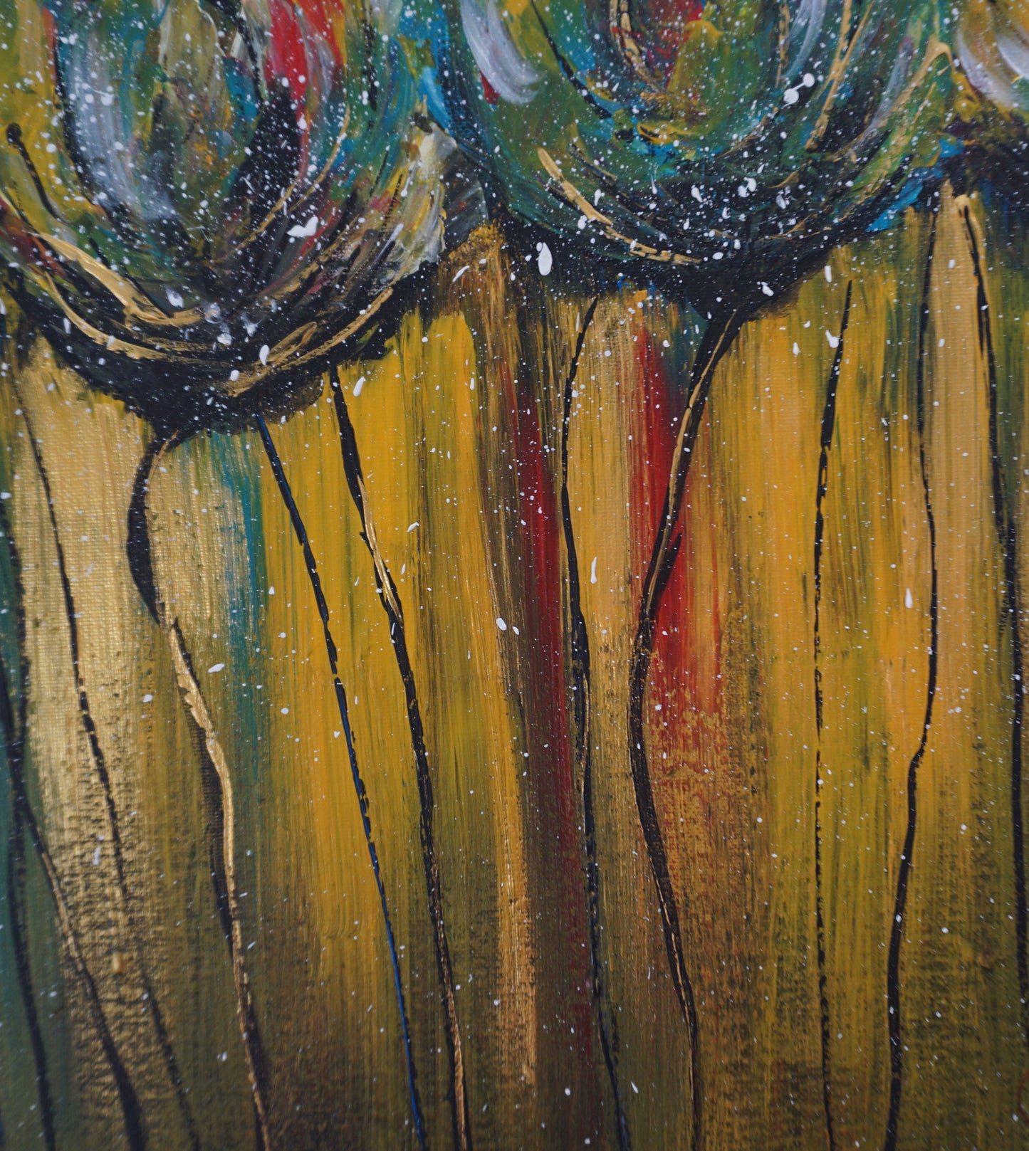 Multicolored flowers wall art abstract home decor painting details.