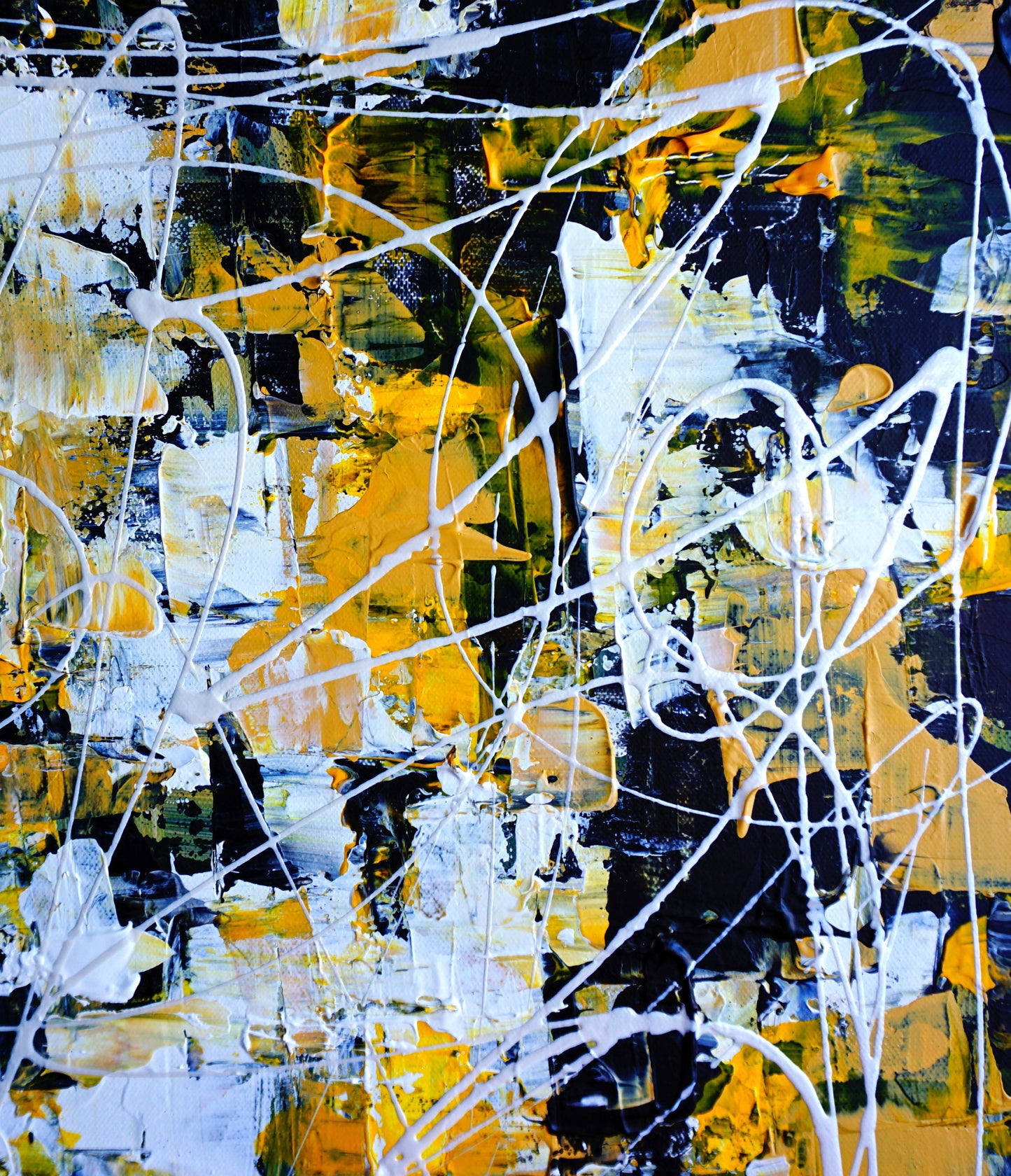 Wall art geometric abstract yellow and black painting details.