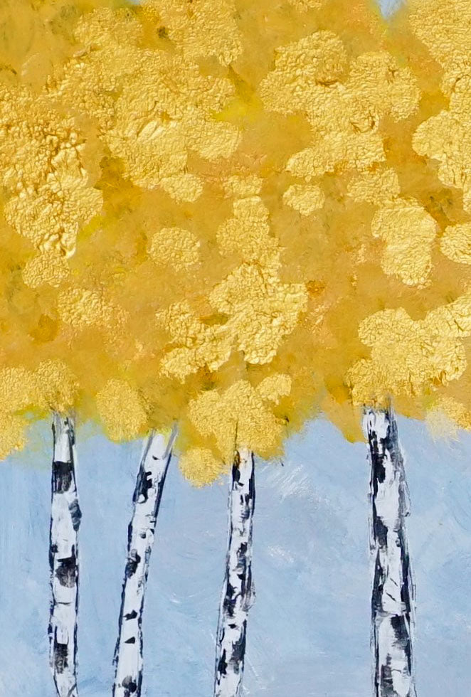 wall art abstract gold trees on blue background painting detils.