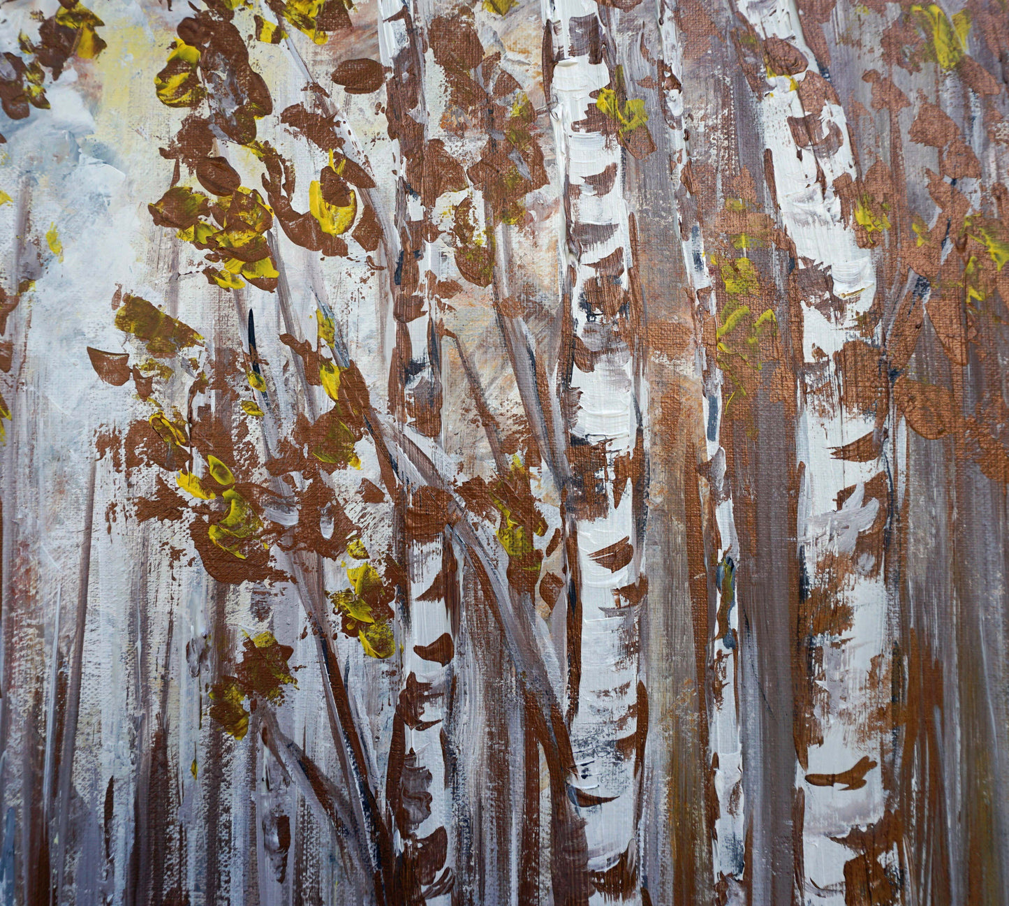 Wall art abstract bronze trees painting details.