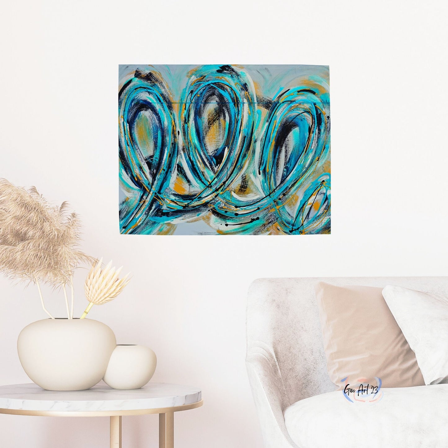 wall art abstract textured teal and gold for Livingroom decor
