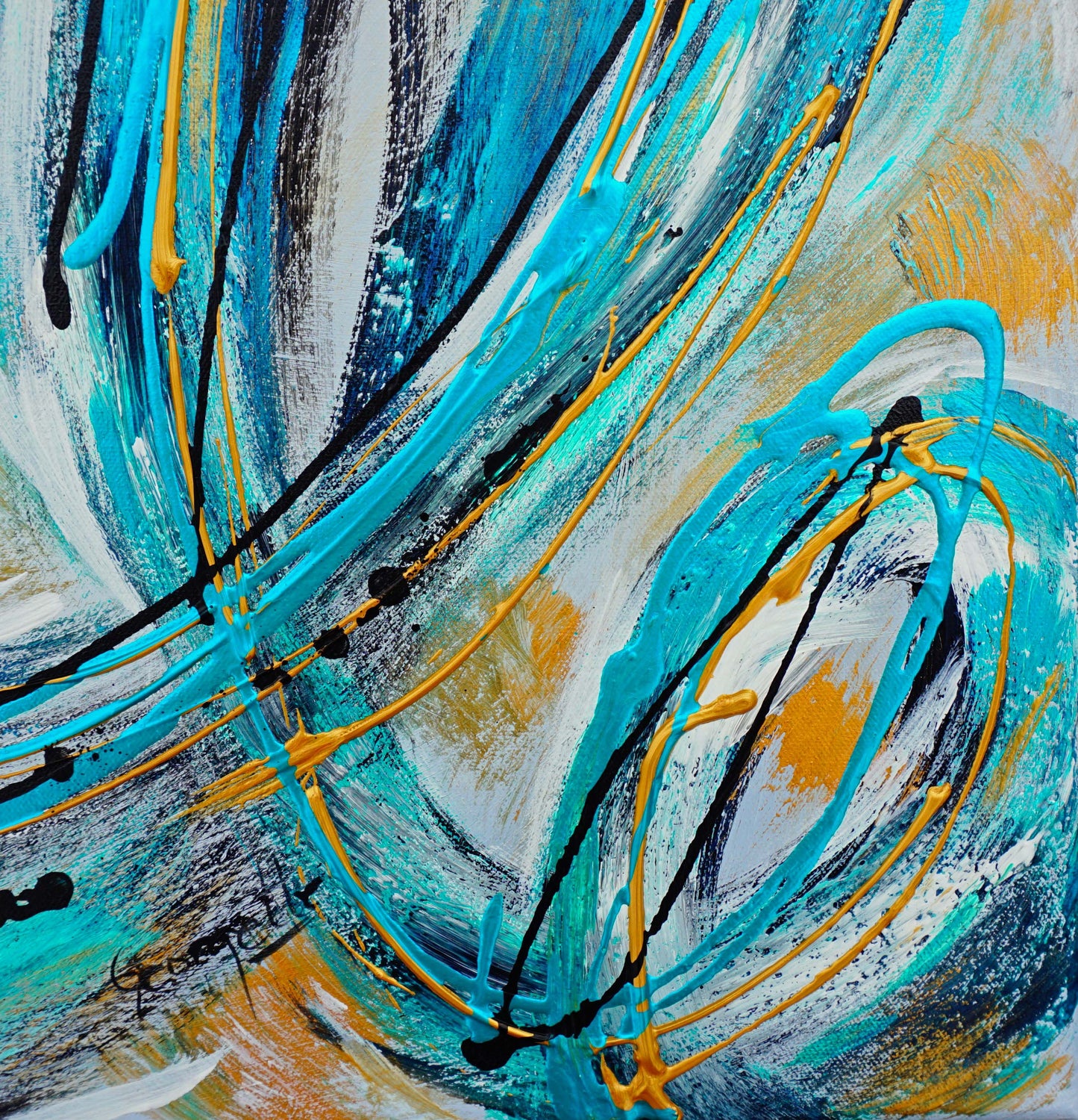 wall art abstract textured teal and gold painting details.