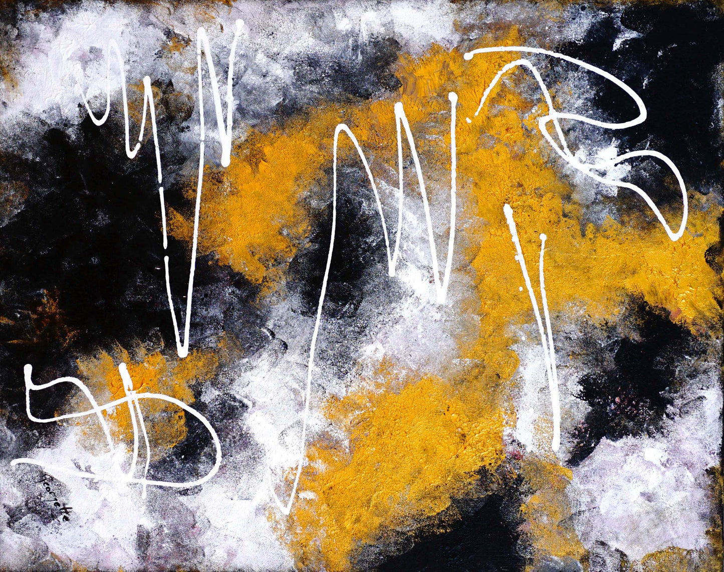 Wall art abstract textured gold and black painting details.