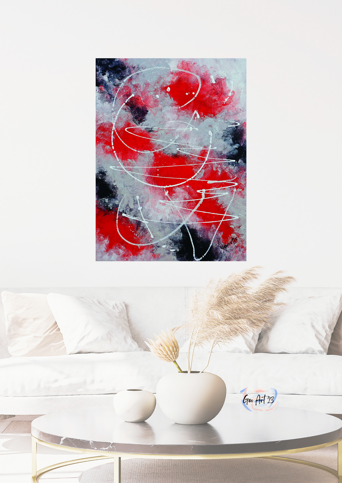 Wall art abstract home decor red black and silver for Livingroom decor